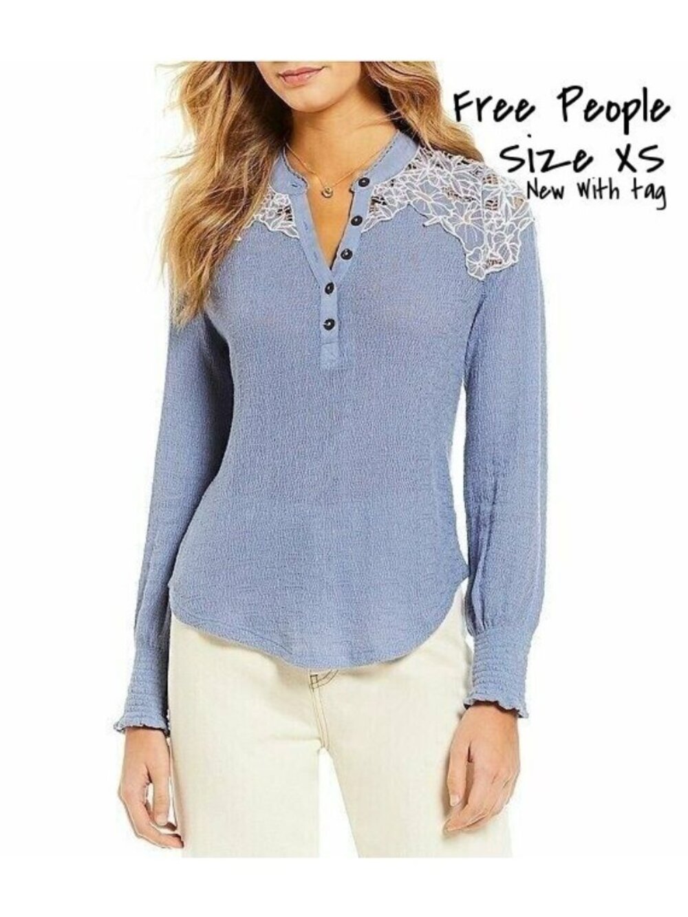 Free People Knit Top Henley - Embroidered Crochet Extra Small  XS New with Tags